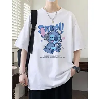 AUZY Stitch Kartun Pencetakan Gaya Korea Santai kaos pria wanita atasan Lengan Pendek T-shirt skena baju oversize t shirt distro original 100% 6.4