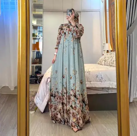 Khisna collection - Gamis set hijab motif baru bunga bahan Ceruty nyaman dn cantik dipakai