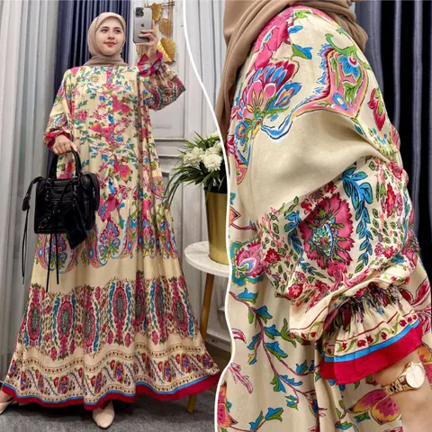 Khisna collection - Gamis Rayon zahra Lengan balon motif terbaru kerenn adem