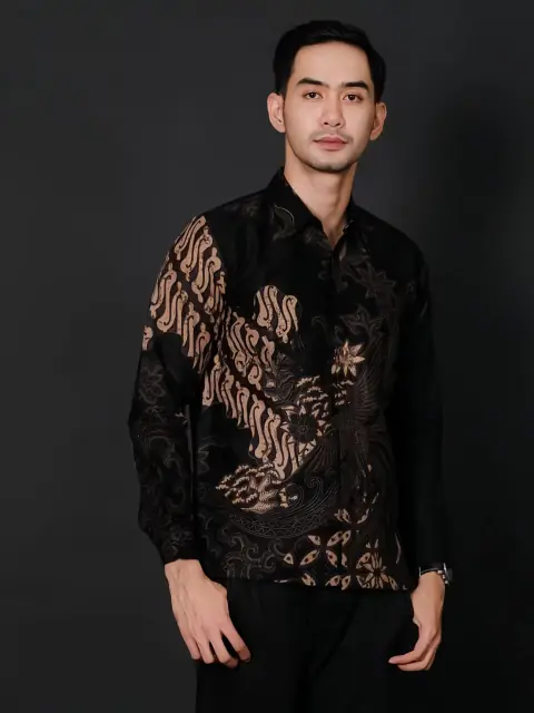 Batik Alfin - Kemejan Batik pria dewasa motif seno kawung Hitam modern terbaru keren banget