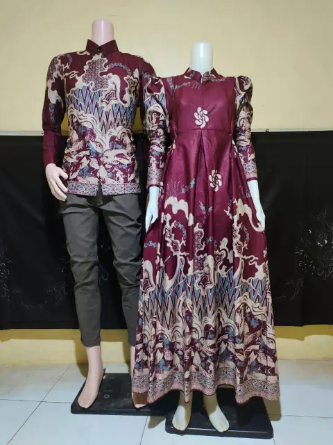 Kois Batik - Gamis Batik Coupel Kemeja Bisa Dibeli Terpisah Terbaru Motif cuwanda burgundy