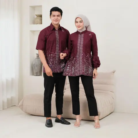 Kois Batik - Atasan Batik Coupel Terbaru Blouse Lengan Balon Motif sutena burgundy
