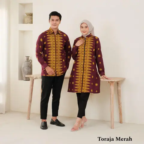 Kois Batik - Atasan Batik Keren Coupel simpel kemeja dan tunik bisa dipisah motif toraja merah
