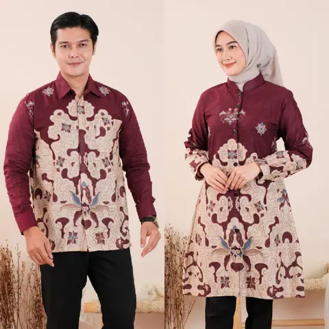 Kois Batik - Best Seller Atasan Batik Pria Dan Wanita Bisa Dipisah Terbaru Motif Jenifer burgundy