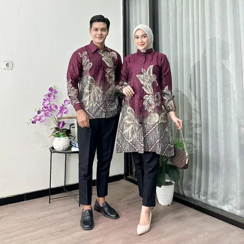 Kois Batik - Atasan Batik Coupel Kemeja Dan Tunik Modern Terbaru Masa Kini Seragam Motif Anggrek burgundy