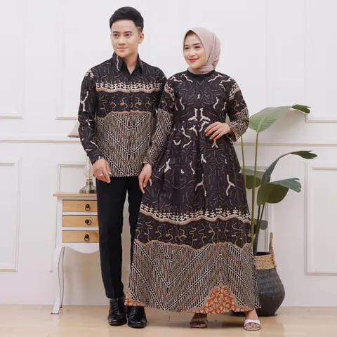 Kois Batik - Gamis Batik Coupel Kemeja Boleh Dipisah Modern Simpel Motif malika hitam