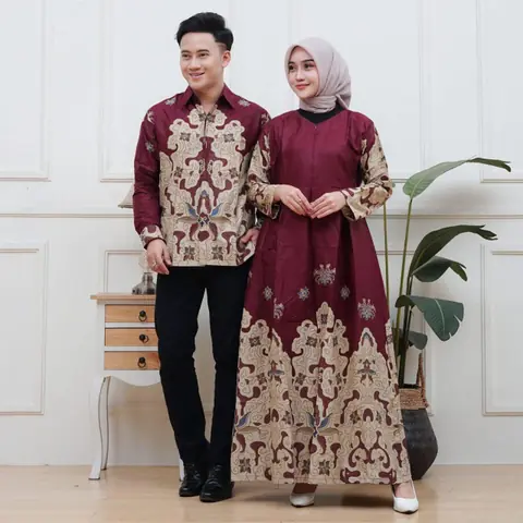 Kois Batik - Gamis Batik Coupel Kemeja Bisa dipisah terbaru Motif jeni burgundy