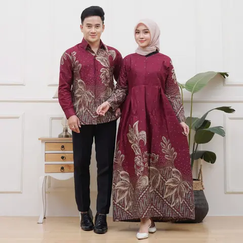 Kois Batik - Batik Coupel Gamis Dan Kemeja Bisa Dipisah Terbaru Kekinian Motif Anggrek Burgundy