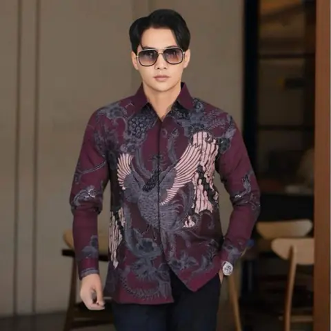 Kois Batik - Kemeja Batik Pria Dewasa Modern Kantor kerja kondangan motif soangg burgundy