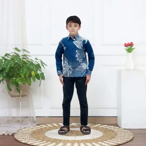 Batik Alfin - Kemejan Batik uk anak Lengan panjang motif daun biru keren banget